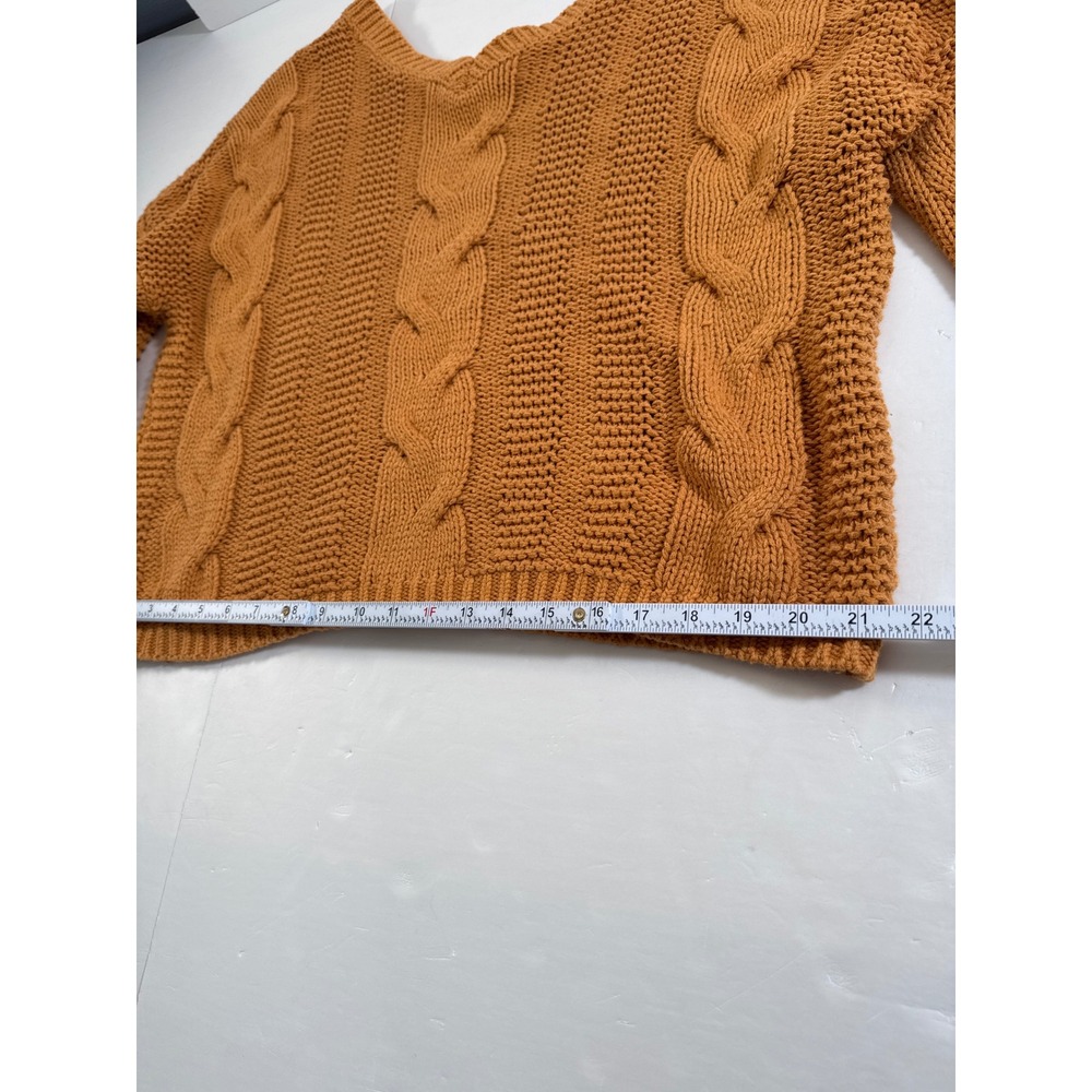 Mustard Orange Chunky Cable Knit V-Neck Oversized Sweater Womens‎ Relaxed Fit - Picture 8 of 12